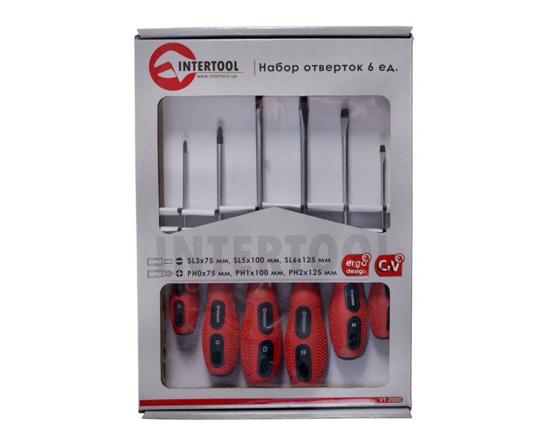 Набор отверток 6шт. (SL3х75,5x100,6x125 / PH0x75,1x100,2x125) Cr-V INTERTOOL